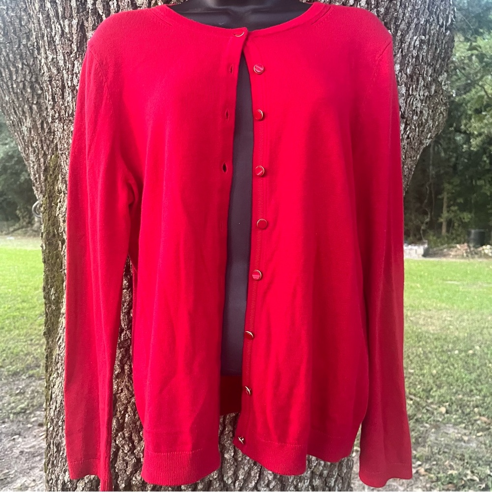 TALBOTS CASHMERE BLEND LARGE PETITE ROUND NECK RED HOLIDAY CARDIGAN